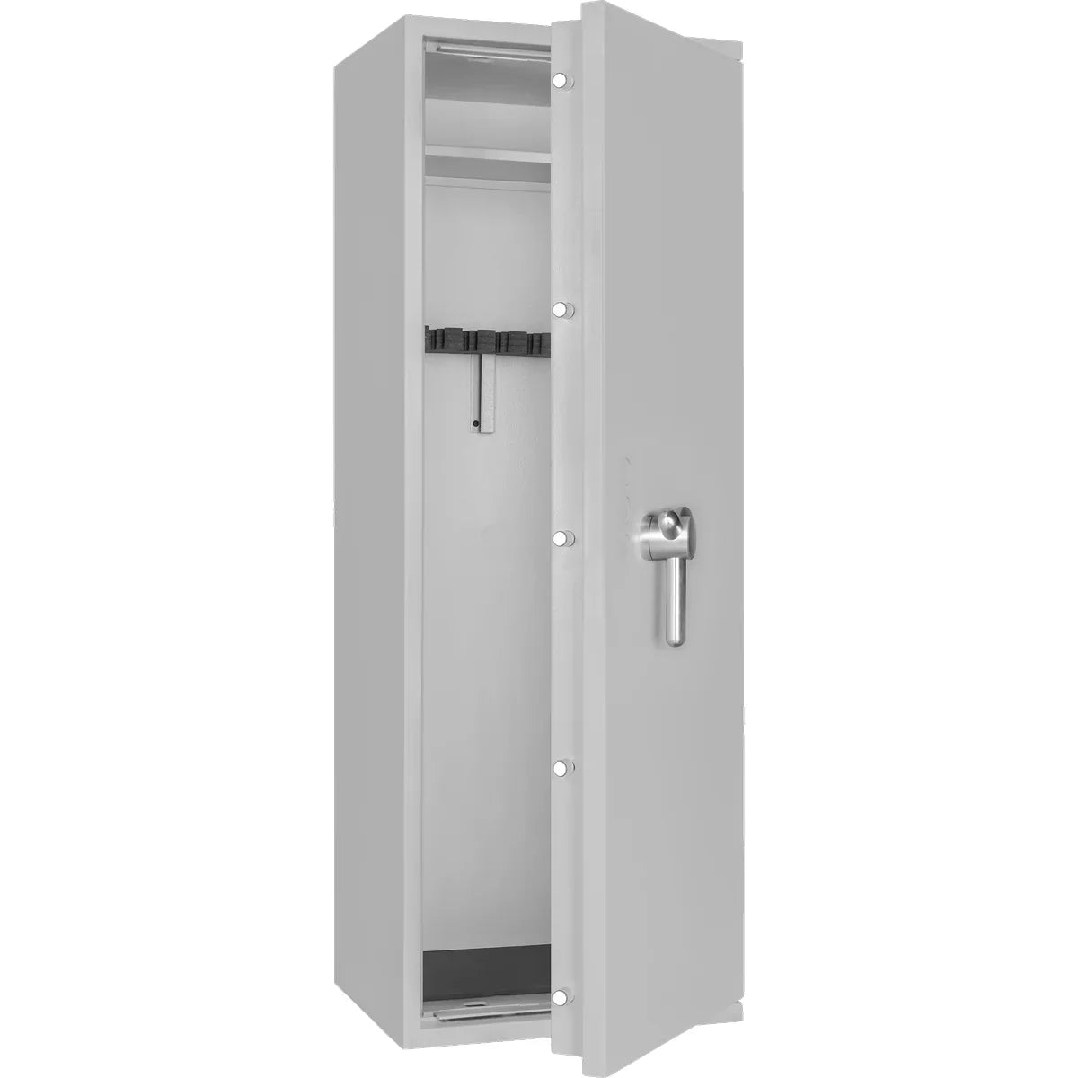 Dallas gun safe in Light Grey, door open, empty rifle holders