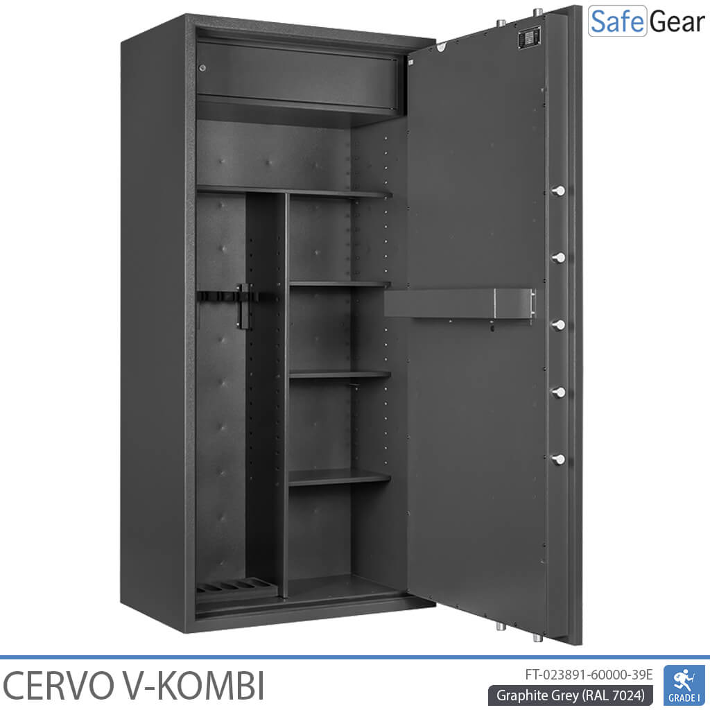 Cervo V Combi gun safe in Graphite Grey, door open, empty, with shelf section