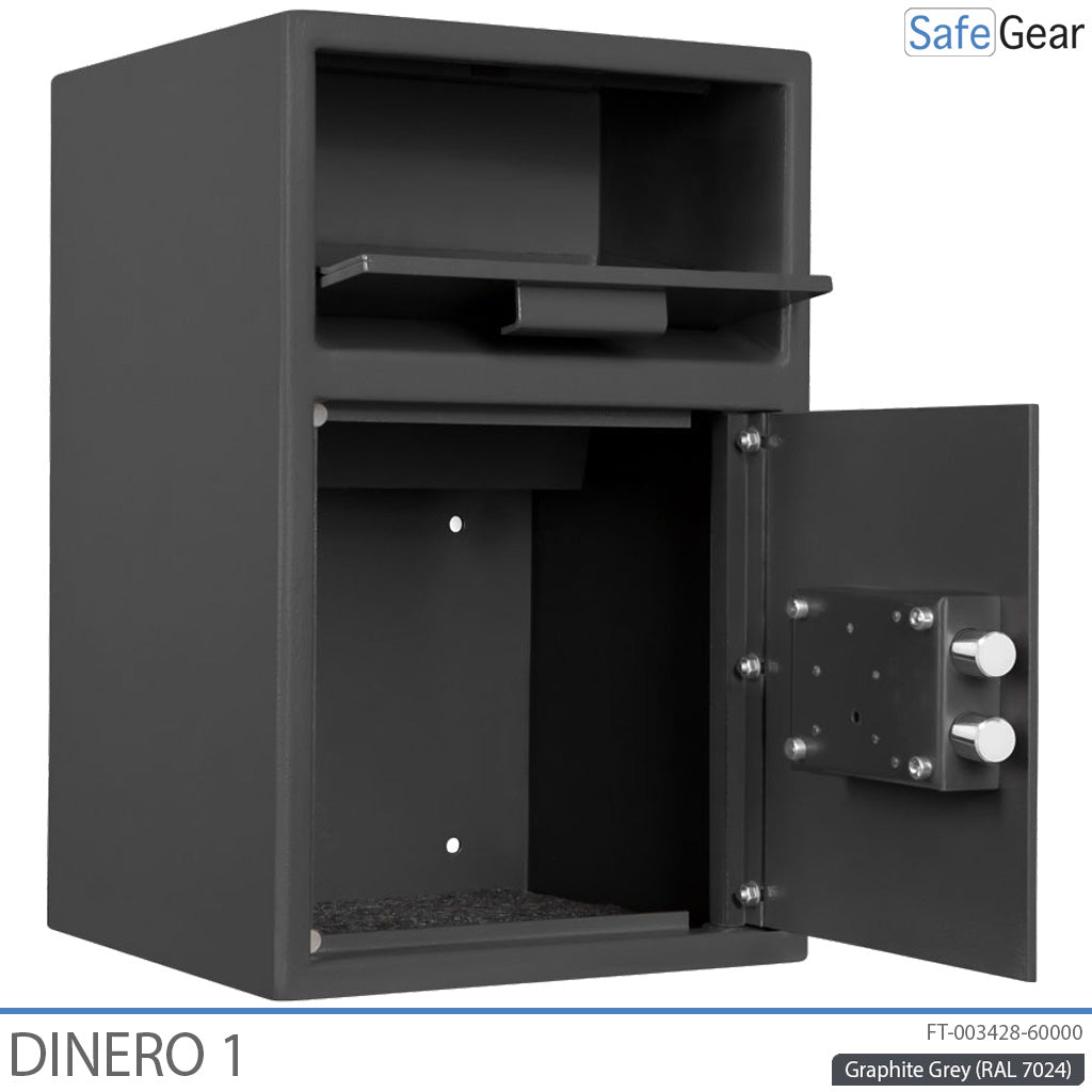 Dinero 1 deposit safe with the deposit flap and removal compartment door open