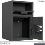 Dinero 1 deposit safe with the deposit flap and removal compartment door open