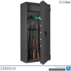 Cervo IV gun safe in Graphite Grey, door open with rifles and ammunition