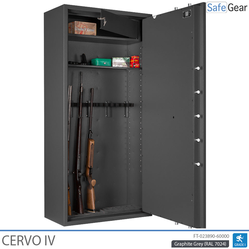 Cervo IV gun safe in Graphite Grey, door open with rifles, ammunition and interior safe