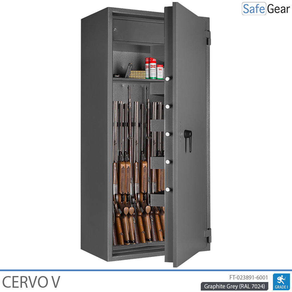 Cervo V gun safe in Graphite Grey, door open at 45 degrees with rifles