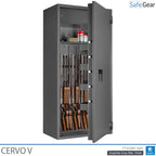 Cervo V gun safe in Graphite Grey, door open at 45 degrees with rifles