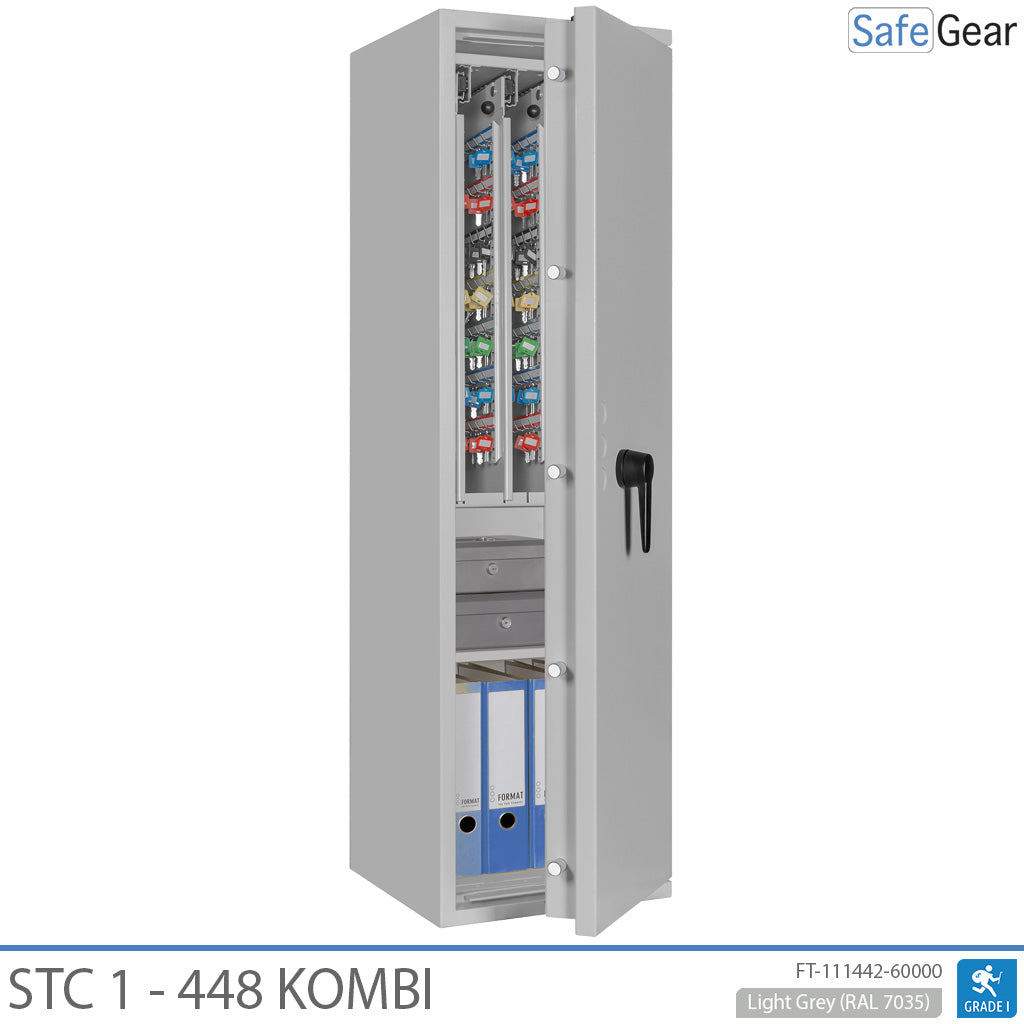STC 1-448 Kombi key safe in light grey, door open at 45 degrees with keys and binders
