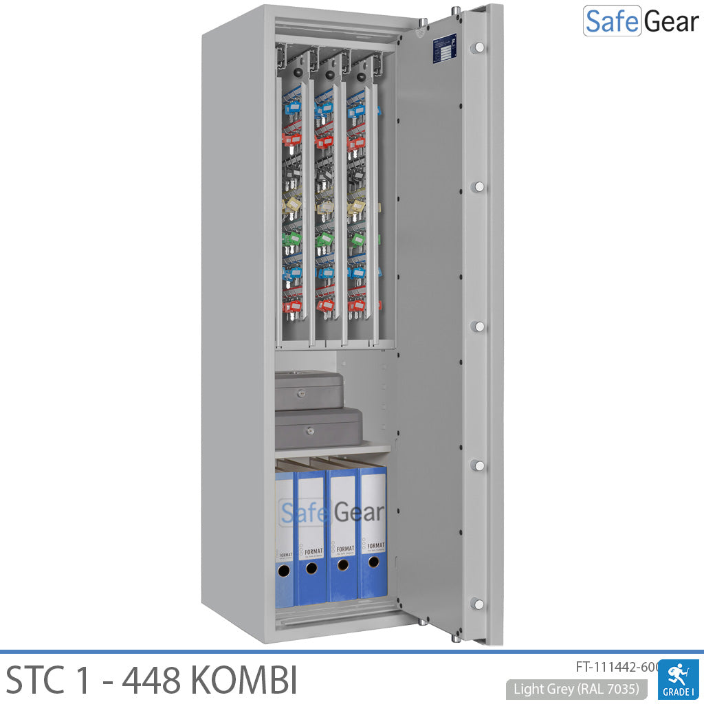 STC 1-448 Kombi key safe in light grey, door open, key walls, valuables and A4 binders