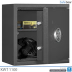 KWT 1100 gun safe in Graphite Grey, door open at 45 degrees with handguns and ammunition