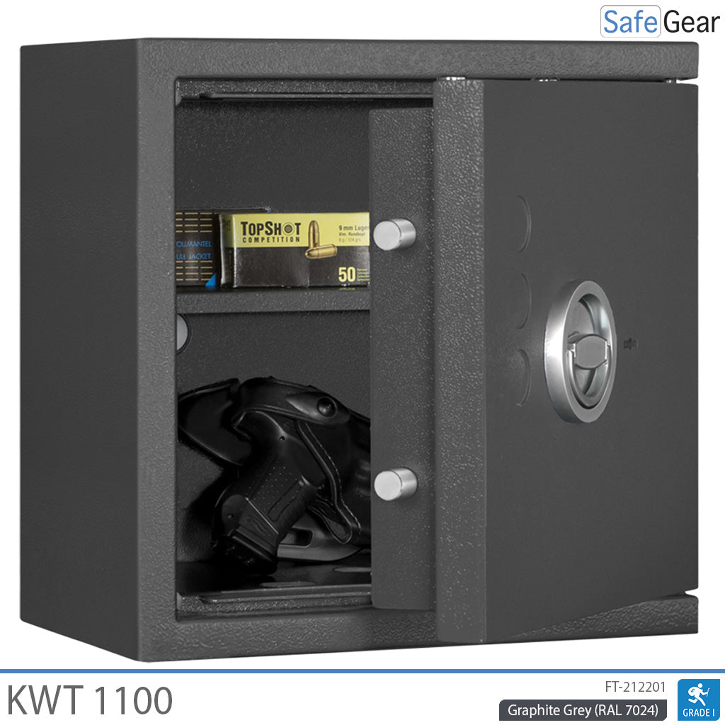 KWT 1100 gun safe in Graphite Grey, door open at 45 degrees with handguns and ammunition