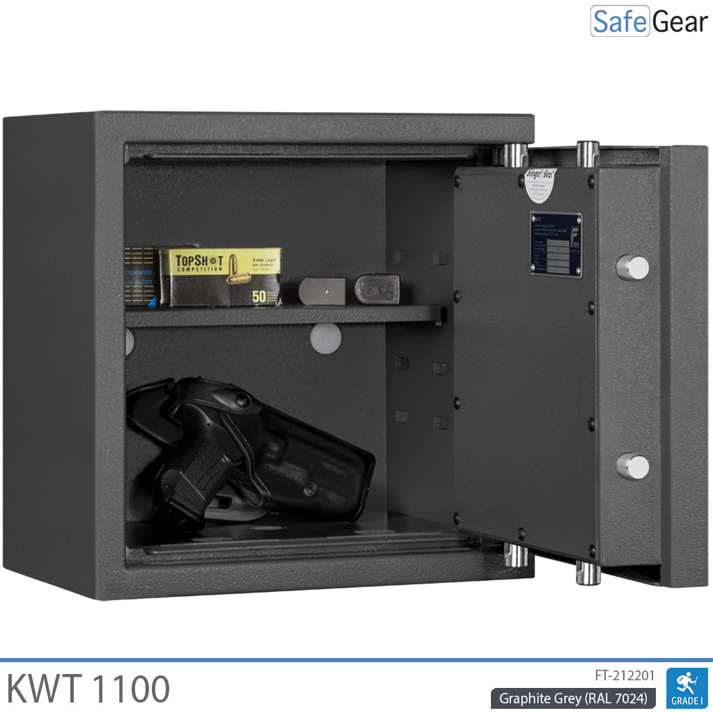 KWT 1100 gun safe in Graphite Grey, door open at 90 degrees with handguns and ammunition