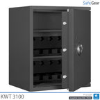 KWT 3100 gun safe in Graphite Grey, door open, empty with two 5-handgun holders