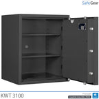 KWT 3100 gun safe in Graphite Grey, door open at 90 degrees, empty with two shelves