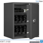 KWT 3100 gun safe in Graphite Grey, door open with handguns in two 5-handgun holders and ammunition