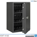 KWT 4100 gun safe in Graphite Grey, door open at 45 degrees, empty with three 5-handgun holders