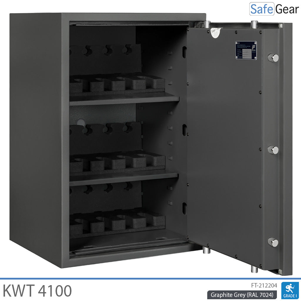 KWT 4100 gun safe in Graphite Grey, door open at 90 degrees, empty with three 5-handgun holders