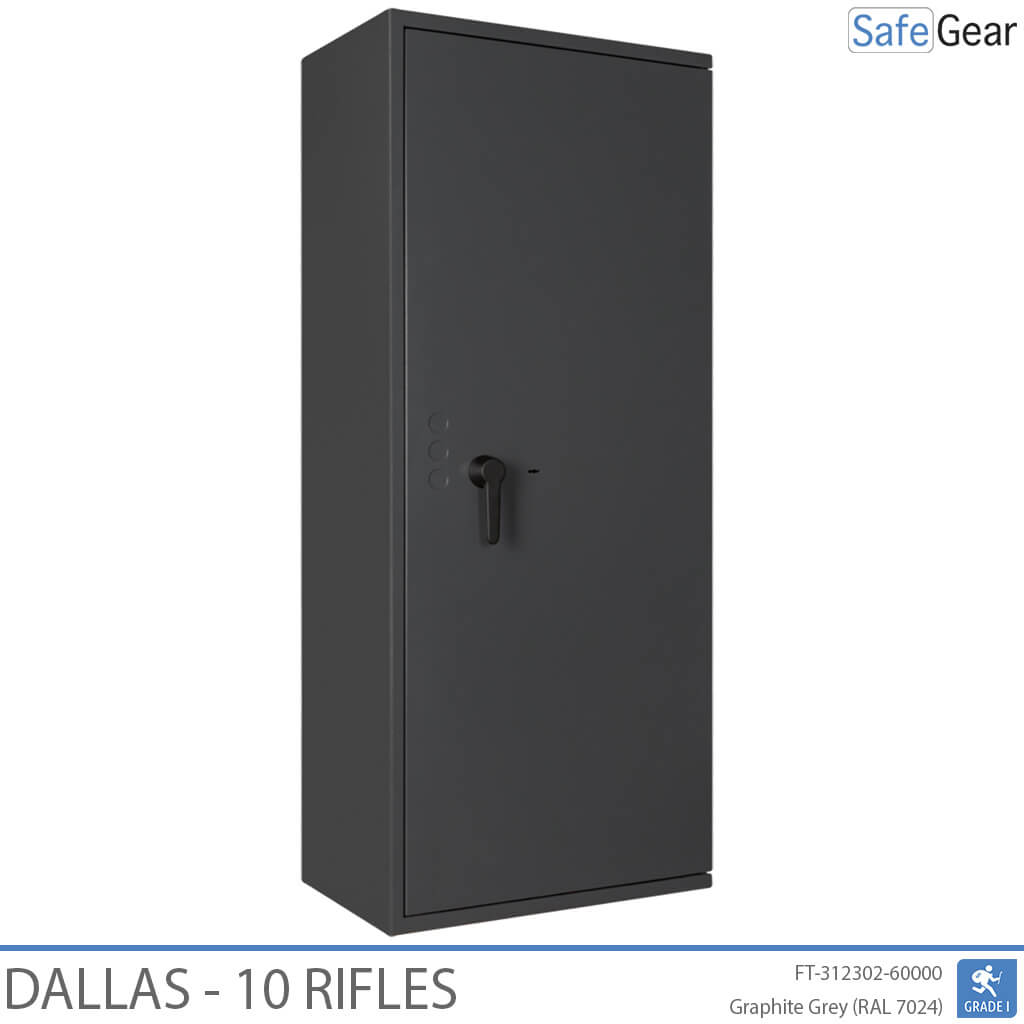 Dallas 10 gun safe in Graphite Grey, door closed, key lock