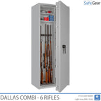 Dallas Combi 6 gun safe in Light Grey, door open with rifles, black handle