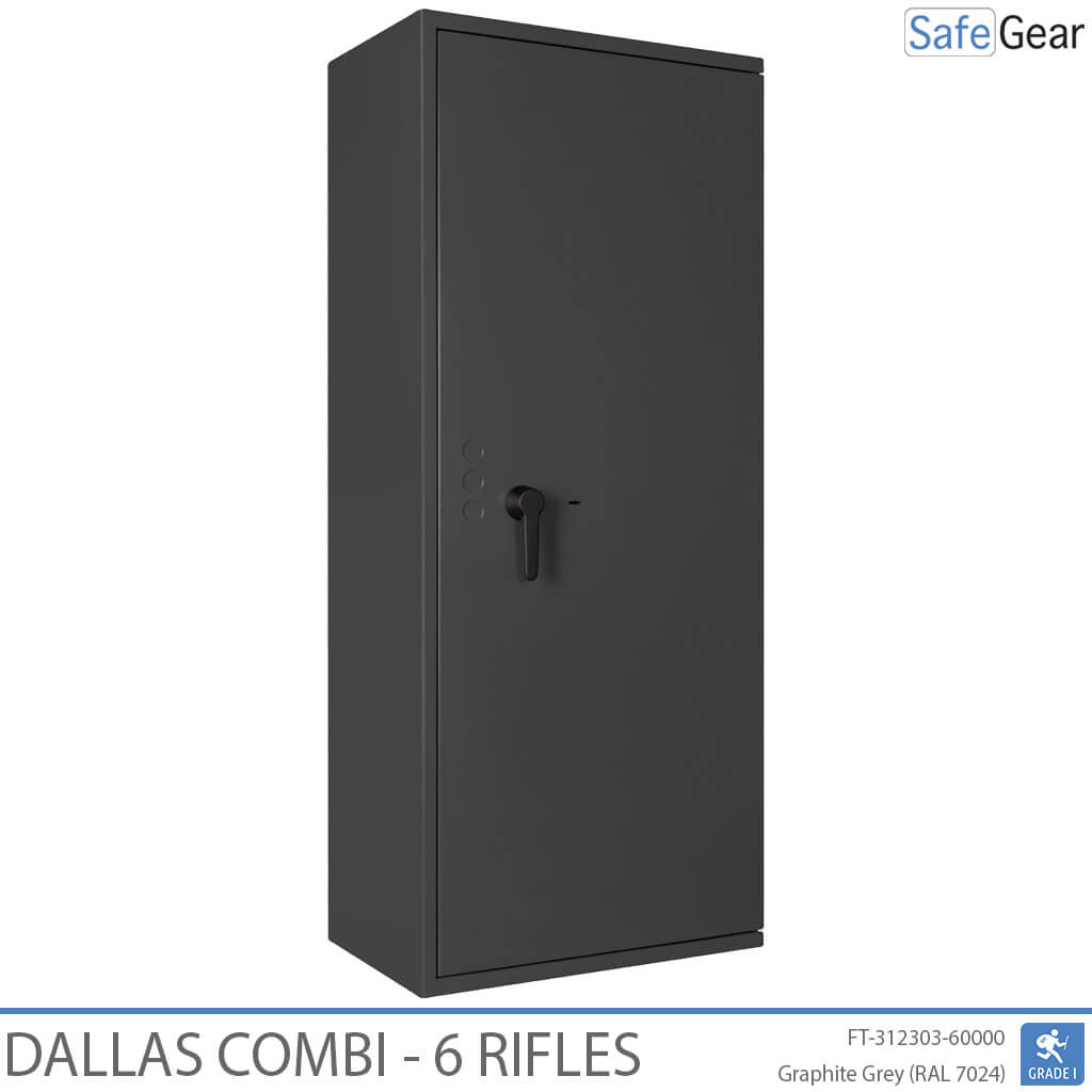Dallas Combi 6 gun safe in Graphite Grey, door closed, key lock