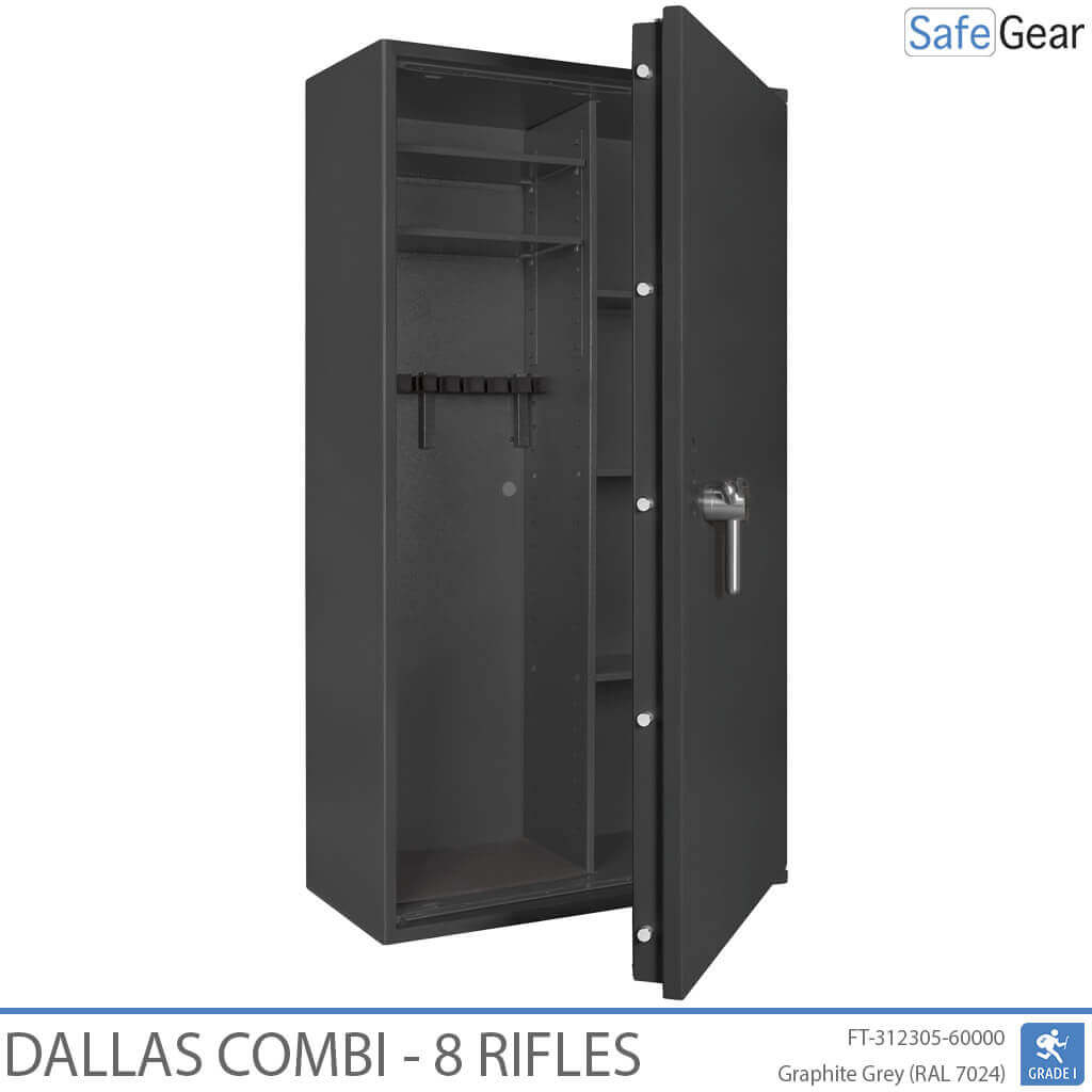 Dallas Combi 8 gun safe in Graphite Grey, door half open, rifle holders and shelved section