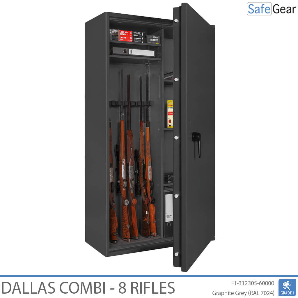Dallas Combi 8 gun safe in Graphite Grey, door open with rifles and shelved section