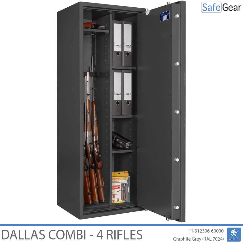 Dallas Combi 4 gun safe in Graphite Grey, door open with rifles, binders and shelved section