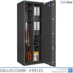 Dallas Combi 4 gun safe in Graphite Grey, door open with rifles, binders and shelved section