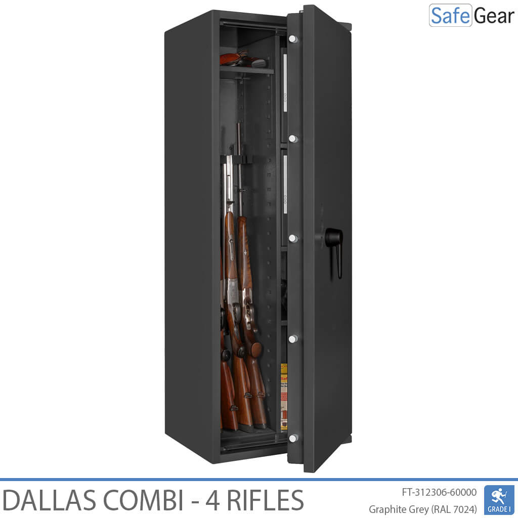 Dallas Combi 4 gun safe in Graphite Grey, door open with rifles