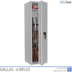 Dallas 6 gun safe in Light Grey, door open with rifles, black handle