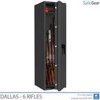 Dallas 6 gun safe in Graphite Grey, door open with rifles, black handle