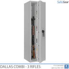 Dallas Combi 3 gun safe in Light Grey, door half open with rifles, black handle