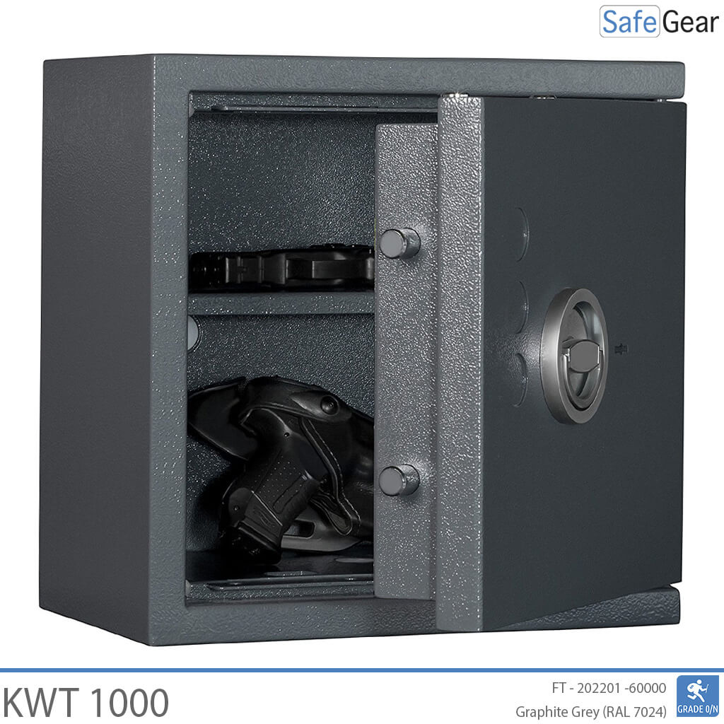 KWT 1000 gun safe in Graphite Grey, door open with handguns on and below the shelf