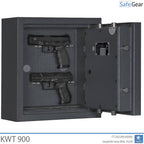 KWT 900 gun safe in Graphite Grey, door open with two handguns on the rear-wall bolts