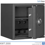 KWT 2000 gun safe in Graphite Grey, door open at 40 degrees, empty with shelf