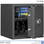 KWT 2000 gun safe in Graphite Grey, door open at 40 degrees with handguns in the 4-handgun holder and ammunition