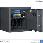 KWT 2000 gun safe in Graphite Grey, door open with handguns in the 4-handgun holder and ammunition on the shelf