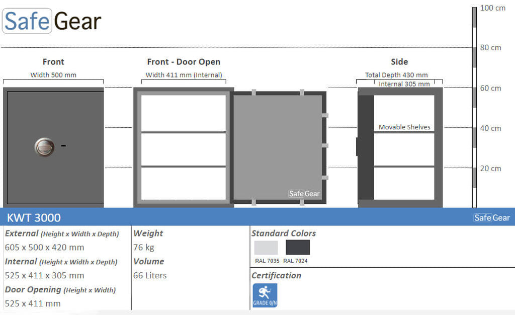 KWT 3000 gun safe, size drawing with dimensions