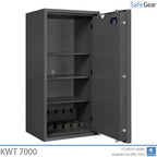 KWT 7000 gun safe in Graphite Grey, door open at 90 degrees, empty with shelves and 5-handgun holder