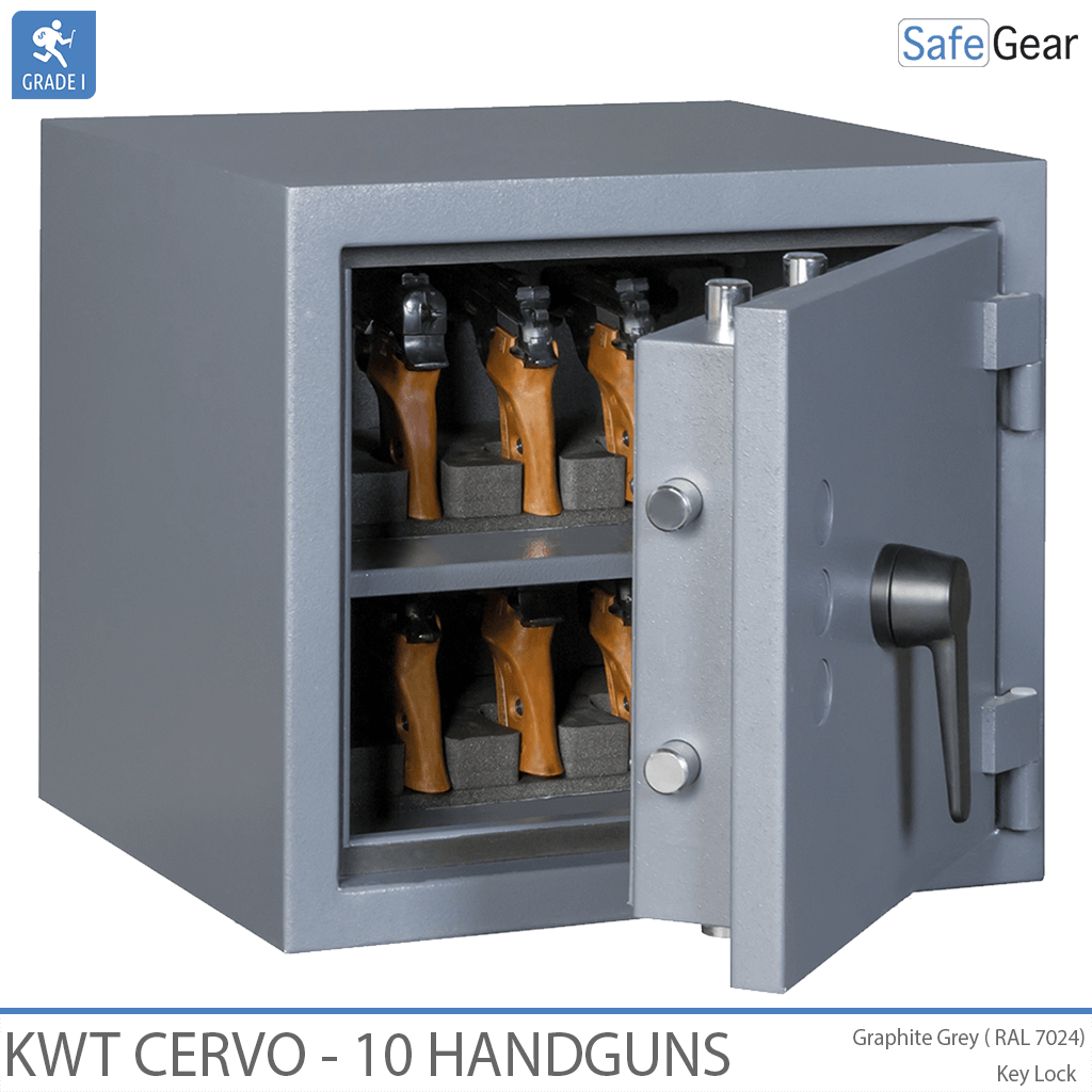 KWT Cervo 10 gun safe in Graphite Grey, door half open with handguns in foam holders