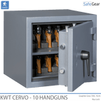 KWT Cervo 10 gun safe in Graphite Grey, door half open with handguns in foam holders
