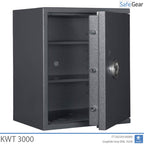 KWT 3000 gun safe in Graphite Grey, door open, empty with two shelves