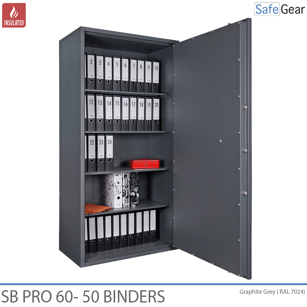 SB Pro 60 document cabinet, door open with binders on movable shelves