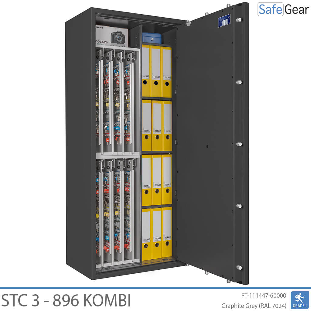 STC 3-896 Kombi key safe in graphite grey, door fully open with keys, valuables and binders