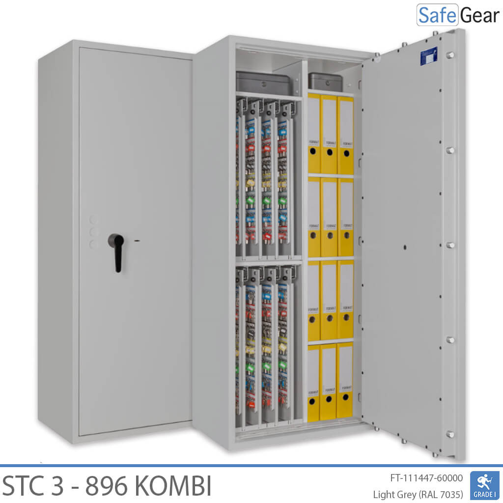 STC 3-896 Kombi key safe in light grey, door open, key walls and binders on the shelves