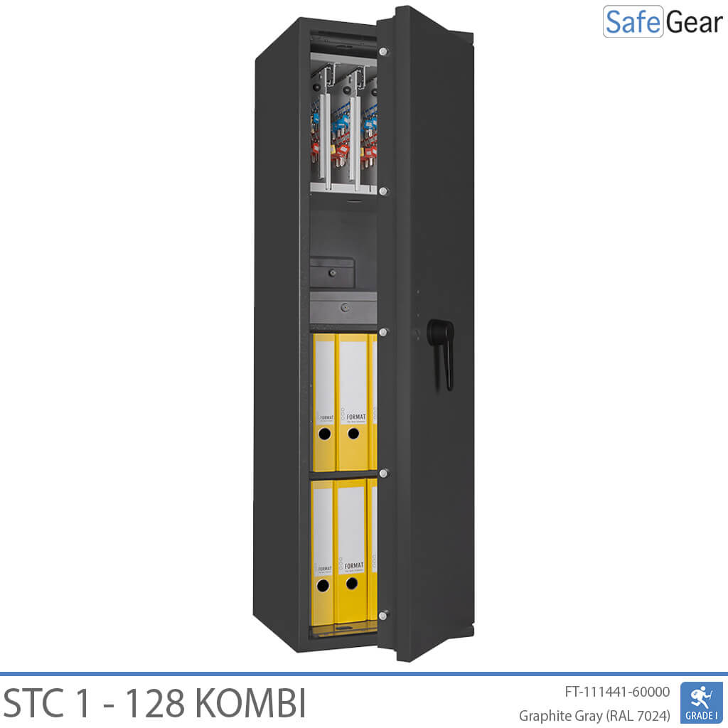 STC 1-128 Kombi key safe in graphite grey, door open at 45 degrees with key walls and binders