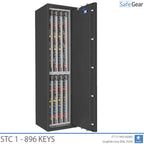 STC 1-896 key safe in graphite grey, door open at 45 degrees, pull-out key walls