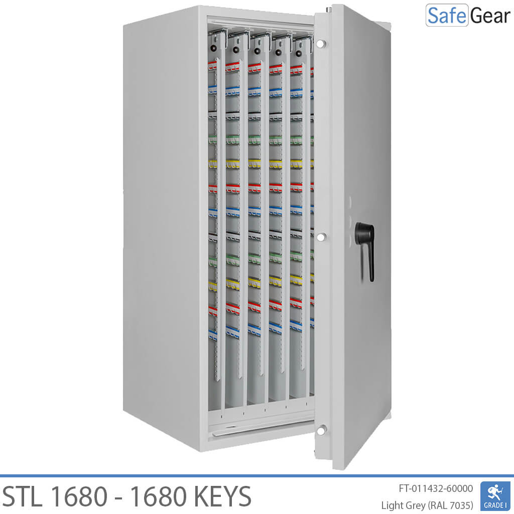 STL 1680 key safe in Light Grey, door open with pull-out key walls