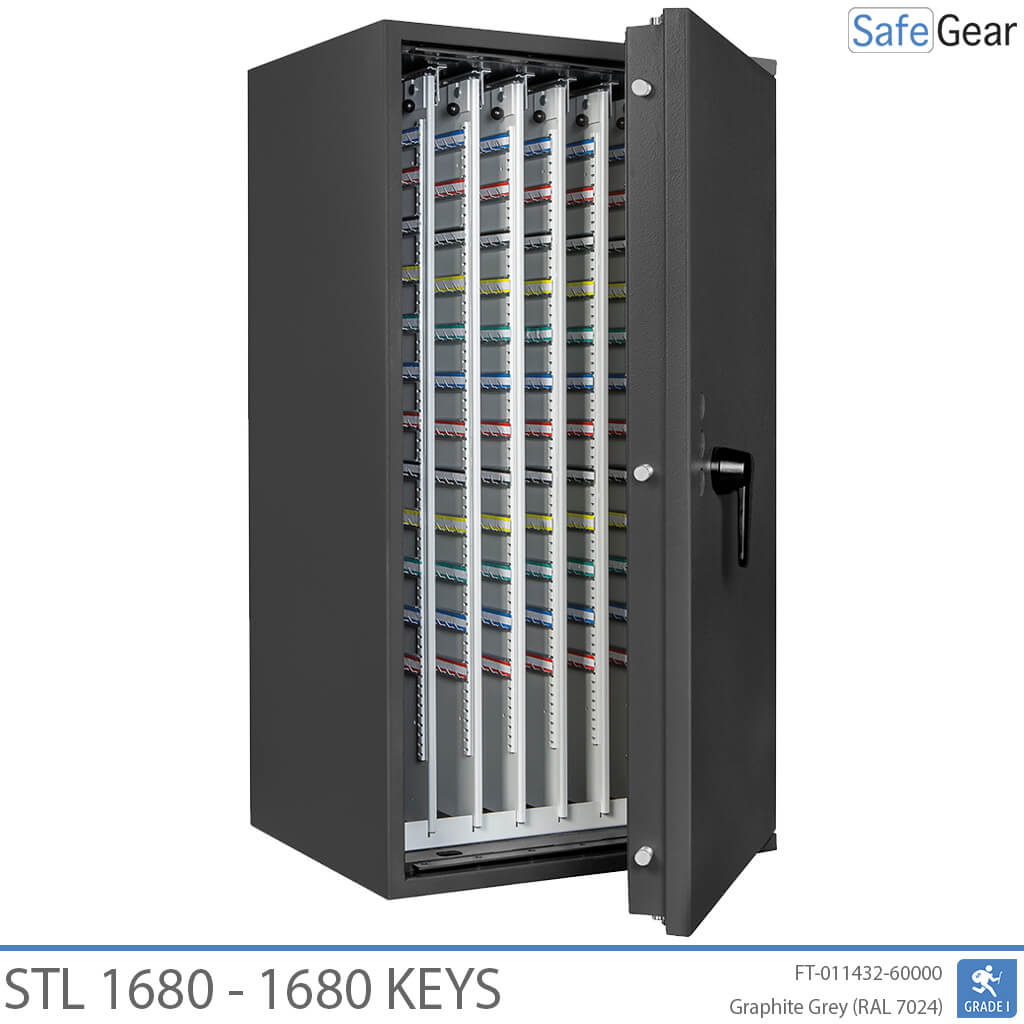 STL 1680 key safe in Graphite Grey, door open with pull-out key walls