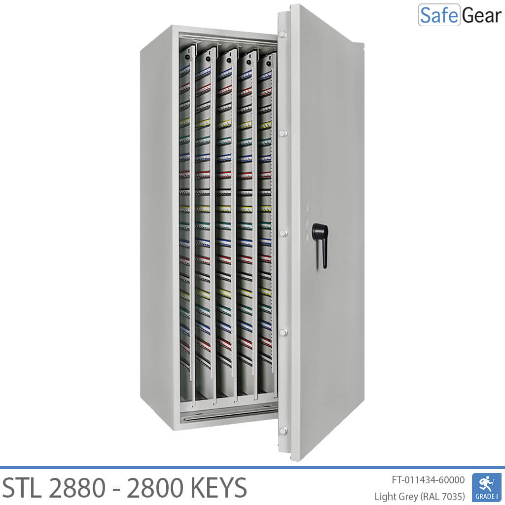 STL 2880 key safe in Light Grey, door open with pull-out key walls