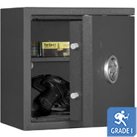 KWT 1100 gun safe in Graphite Grey, door open with handguns and ammunition