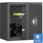 KWT 1100 gun safe in Graphite Grey, door open with handguns and ammunition